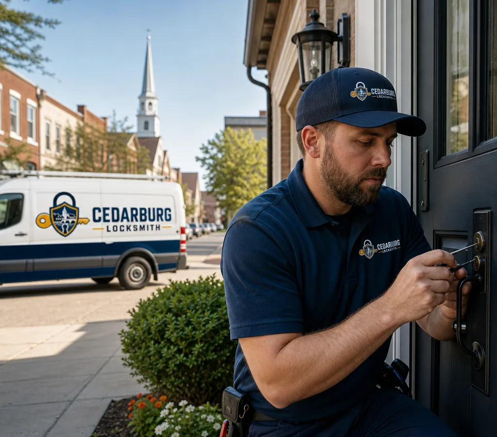 Locksmith working at a Cedarburg residential front door with professional lock tools and a service vehicle nearby