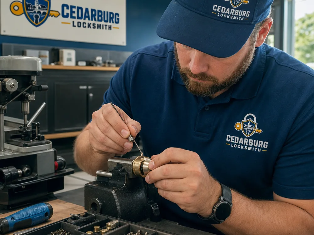 Locksmith rekeying a door cylinder on a workbench with organized pins and professional tools