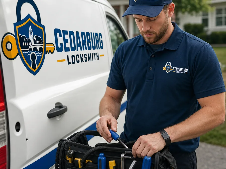 Cedarburg Locksmith technician organizing professional tools beside a clearly marked service vehicle